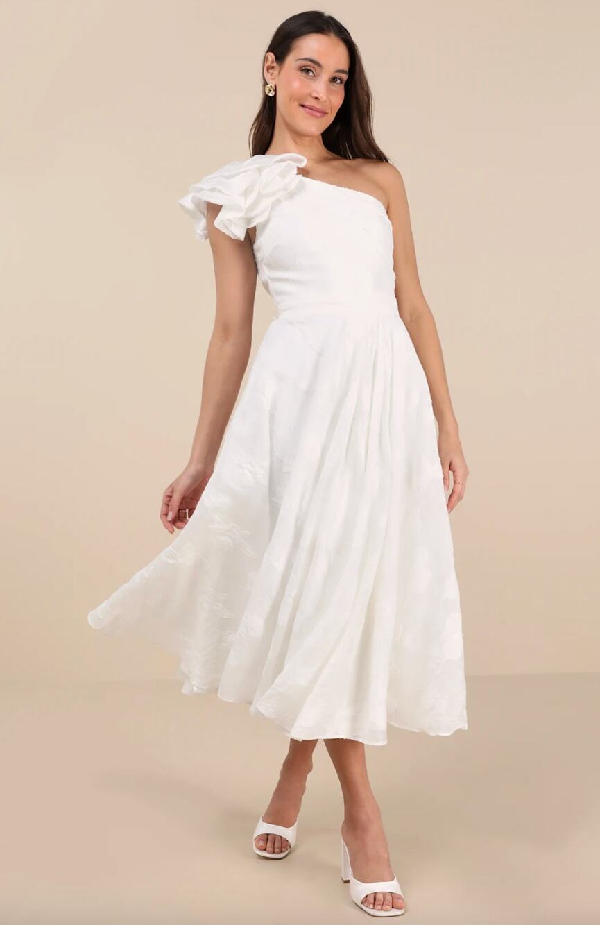 Lulus Sweet Definition White Burnout Ruffled One-Shoulder Midi Dress Large NWT